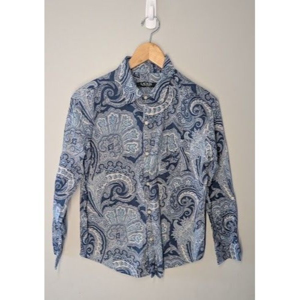 Lauren Ralph Lauren Blue White Paisley  Womens Button Down Shirt Size Medium